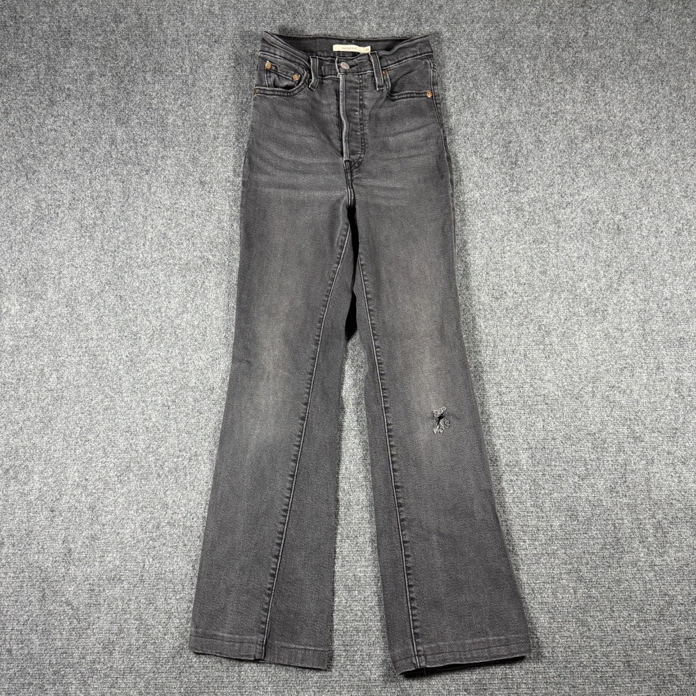 Levis Ribcage Boot Jeans Size 26x33 Black Wash High Rise Hemmed Stretch **READ
